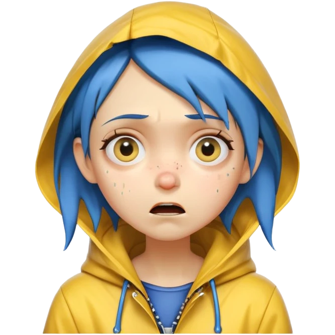 Coraline with blue hair, yellow raincoat, dramatic crying face, eyes looking up choking herself. emoji