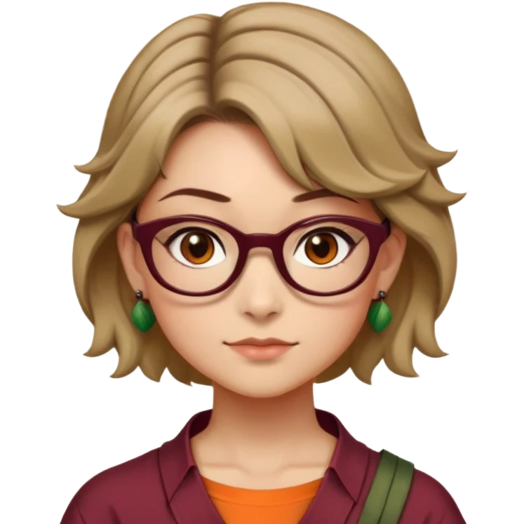 A girl with very short hair not with a helmet but short like Rapunzel from brown and wavy dark blonde with brown eyes and light complexion burgundy glasses and an orange shirt with the ninja turtle drawn orange and has earrings like those of Tanjiro Kamado emoji