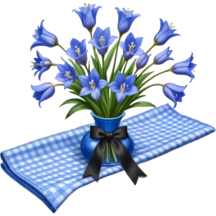 A lush bouquet of bright blue color bluebell black satin ribbon, resting on an antique wooden table, with a pale yellow and pink plaid pattern table cloth emoji