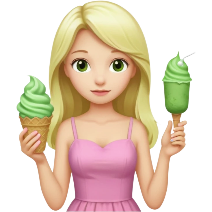 girl blonde long hair in pink dress,  holding matcha ice cream emoji