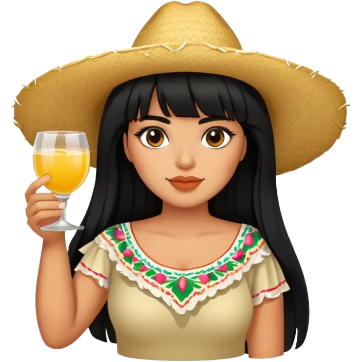 Mexican girl with bangs black long hair plus size with tequila emoji