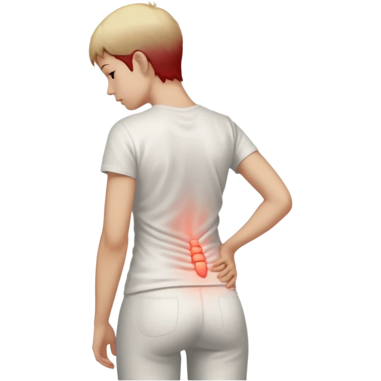 A realistic medical illustration of a person standing and holding their lower back in pain. A soft red glow highlights the lower back area to indicate soreness. The person has a natural expression of discomfort. Clean white background, even lighting, clinical style, full body view. emoji