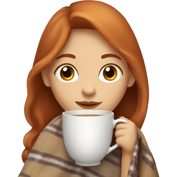 girl with reddish hair with brown eyes with blanket around shoulders sipping tea emoji