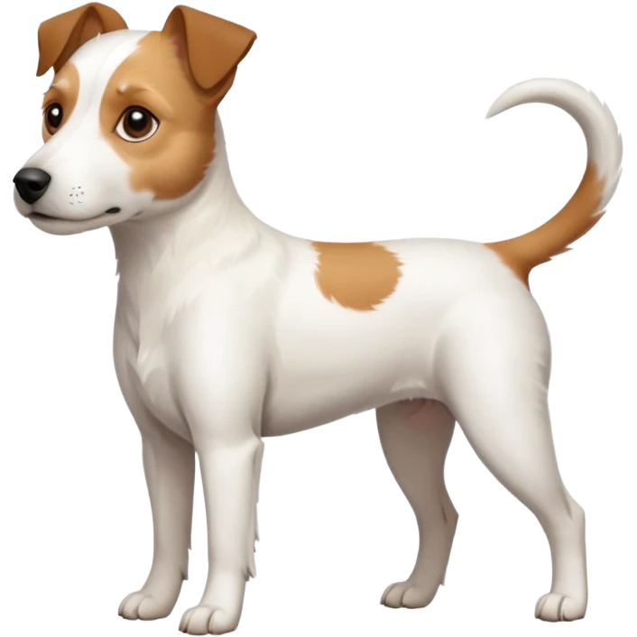 a full body slightly chubby white parson russell terrier looking dog the size of a kelpie with light brown long ears and a light brown patch on one eye and a large snout emoji