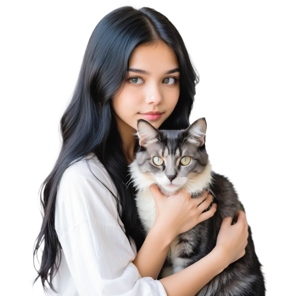 Beautiful girl with long black hair hugs a gray and blond mixed breed cat emoji