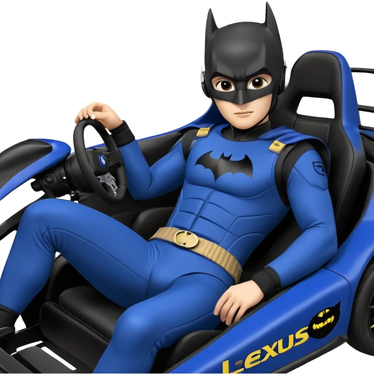 scale real-appearance road racing sexy muscular Batman’s masculine midnight-colored tight outfit 1970’s tv style dark knight stealthy accurate sporty safe plush deluxe off-road pursuit drifting F1 car lexus (black hair,reclining and relaxed torso and shoulders back against seat) rallycross kart  emoji