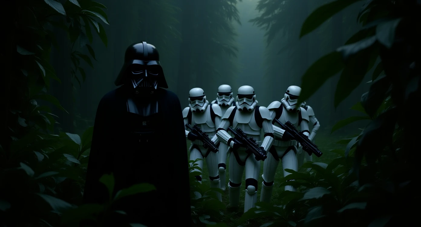 cinematic still, Closeup shot, amazon jungle,  blurred plants in the foreground (frame within a frame), Darth Vader around stormtroopers coming out from starship on ground, they are exploring the jungle emoji