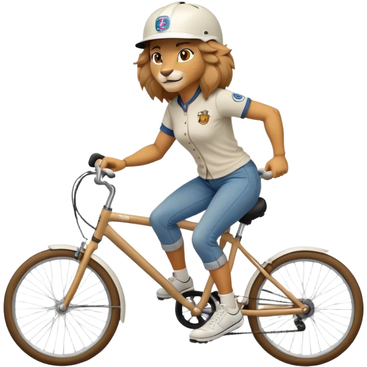 confident anthropomorphised female lion wearing a baseball shirt, jeans, trainers, and a cycling helmet, riding a bicycle emoji
