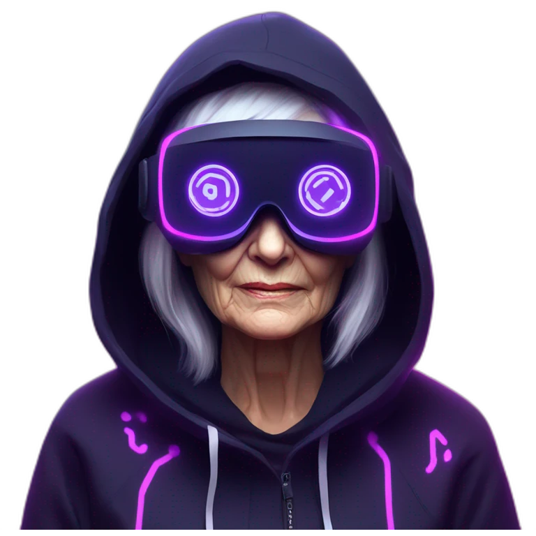 Russian old woman wearing a black hoodie with "OMG" letters on it and VR headset in a cyberpunk VR environment with violet neon lighting. emoji
