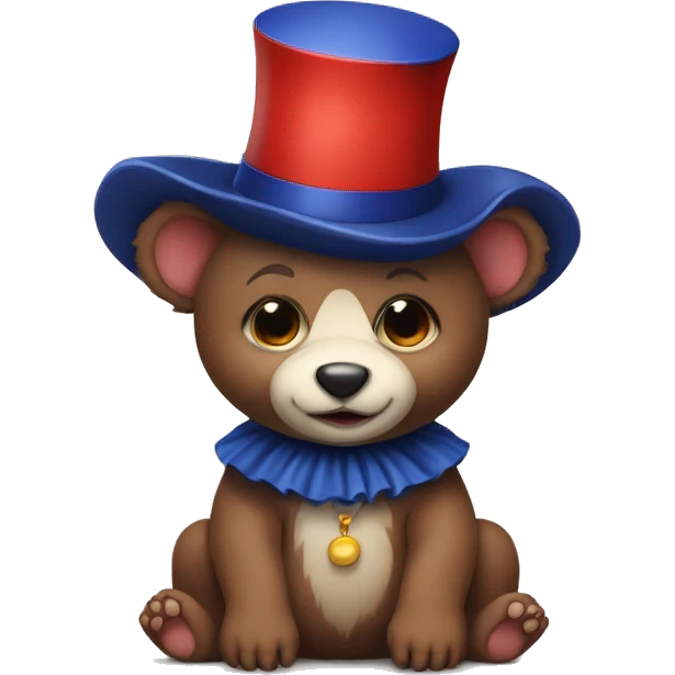 Brown baby bear. Wearing jester collar and a clown hat. The clown accessories are Navy and red and white. emoji