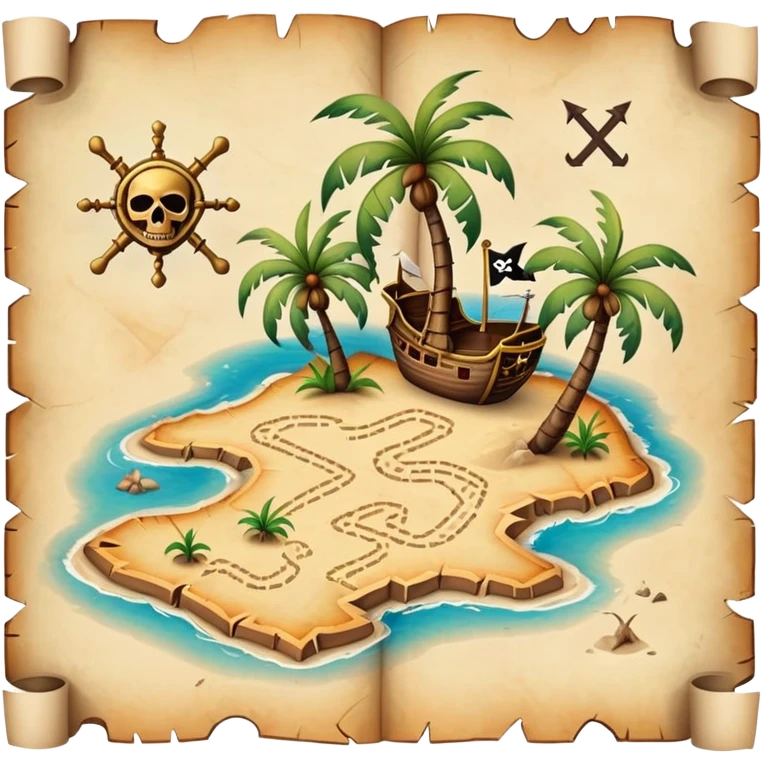 A detailed pirate treasure map with dotted paths, palm trees, and X marks the spot emoji