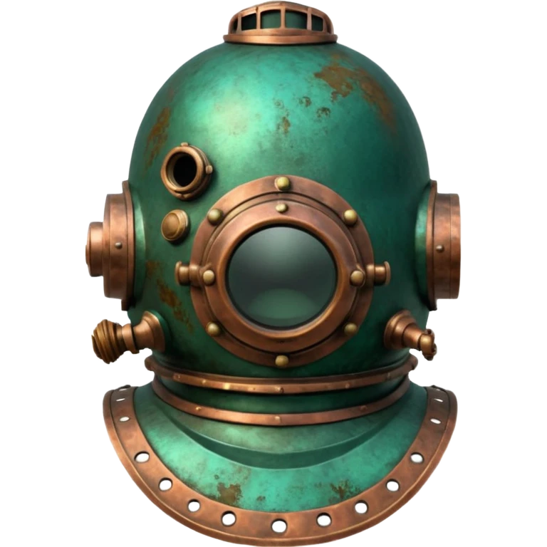 3D render of Antique Diver Helmet, heavily oxidized copper texture, verdigris patina, Bronze helmet with heavy green crust, weathered bronze aesthetic, ancient decay, emoji style, isolated on white background --v 6.0. emoji