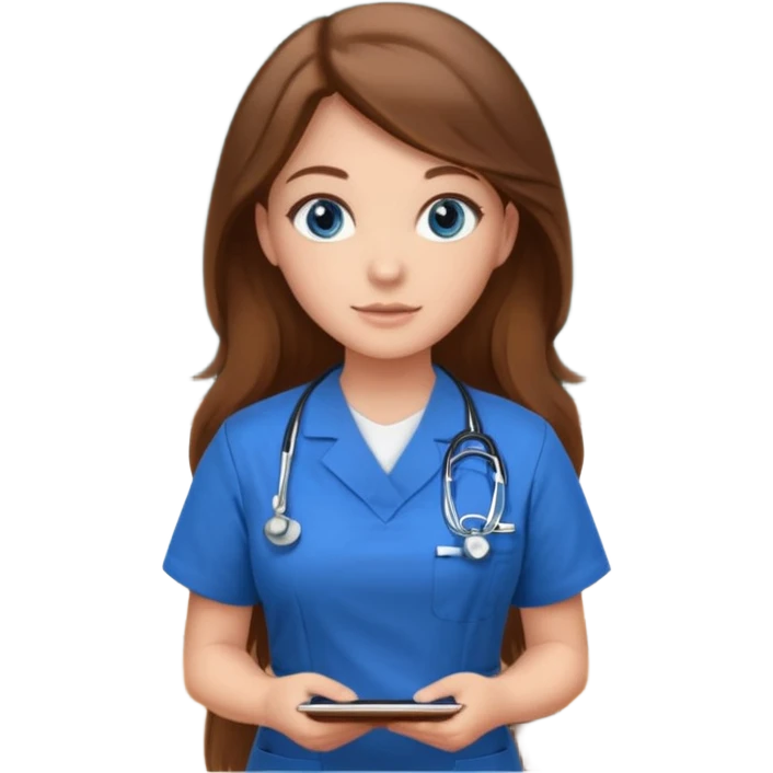 inside a classroom at university that says nursing school on the board with a pretty female nursing student with long brown hair, blue eyes emoji