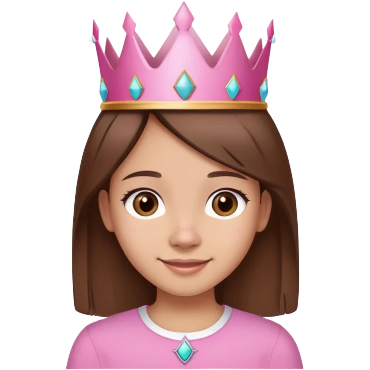 girl with straight brown hair, brown eyes, wearing a pink shirt and a crown, with a birthmark on the left side of her nose, smiling, birthday theme emoji