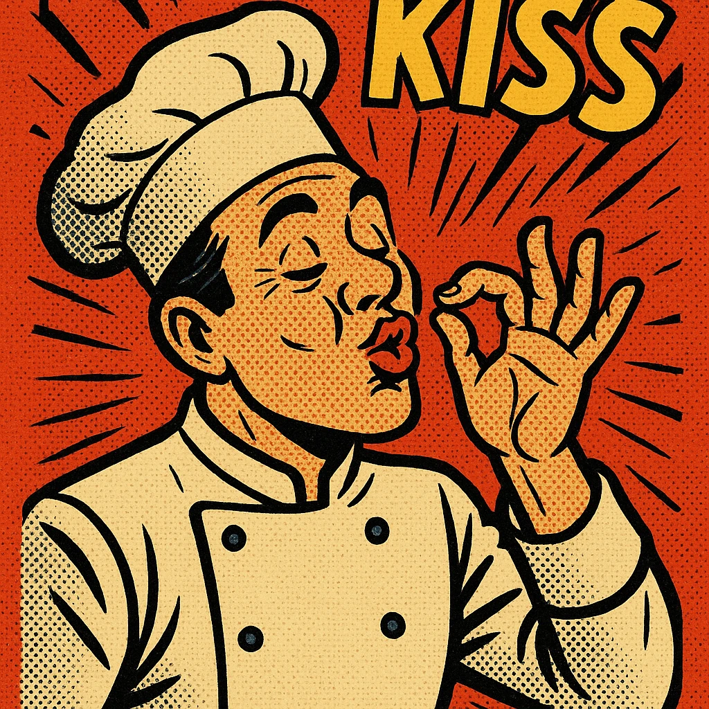chef in white hat, exaggerated kiss, comic style, vibrant colors emoji