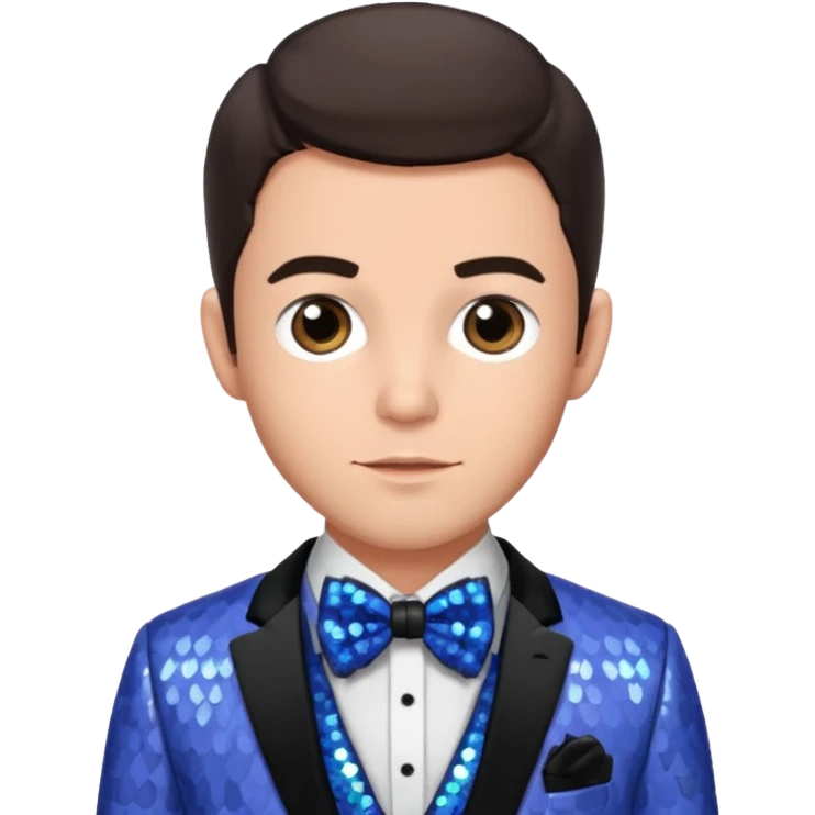 Jonathan Bailey with dark brown hair, periwinkle sequin suit with bow tie emoji