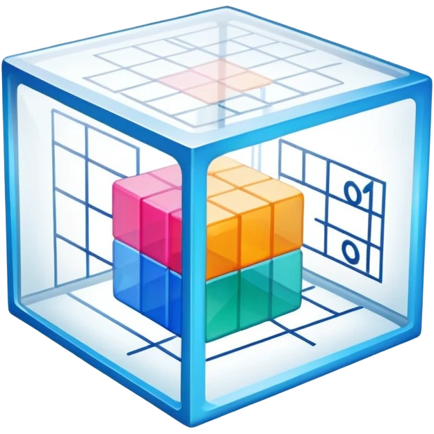 An icon featuring a transparent cube with geometric sections and mathematical calculations, symbolizing the study of mathematics. The design includes algebraic formulas, graphs, and mathematical symbols, representing advanced mathematical concepts and problem-solving. Transparent background emoji