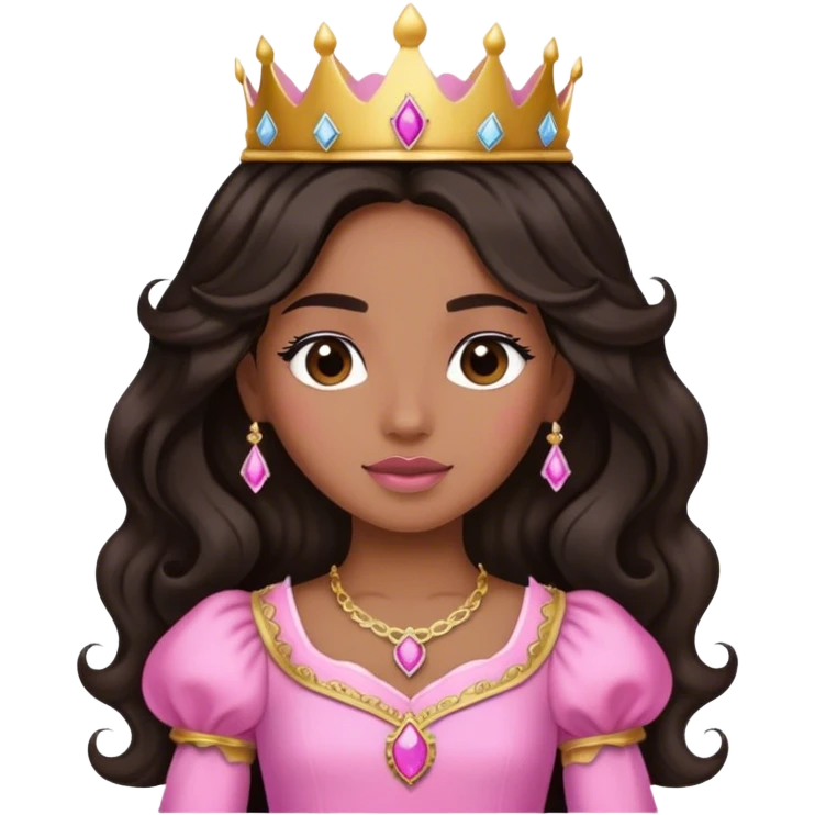 brown princess, with long black wavy hair and crown and an pink princess outfit emoji