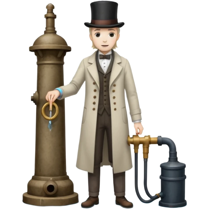 A victorian doctor with a street water pump in a dirty street emoji