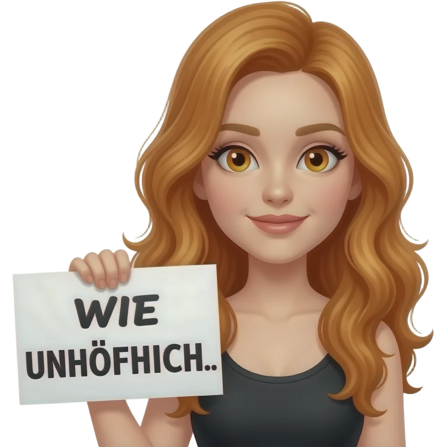 sexy girl with long wavy ginger hair and ginger eyes wearing a black tanktop is holding a white sign with WIE UNHÖFLICH... written on it emoji