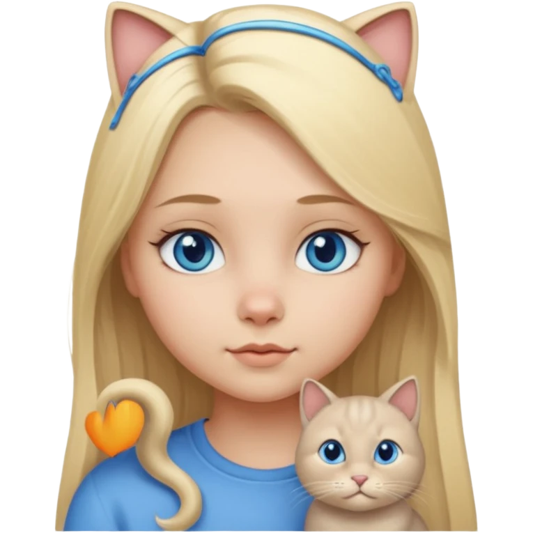 blonde girl with long blonde hair and blue eyes with chubby gray cat emoji