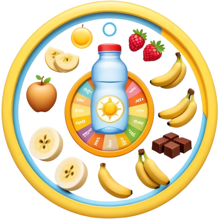 Magical daily routine wheel: water bottle, sun, chicken and rice, banana and shake, dumbbell, yogurt, chocolate and fruits, and moon symbol arranged in a wheel pattern with glowing connections between each element emoji