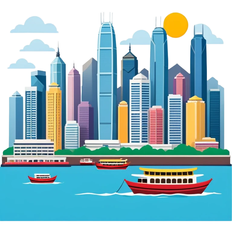 Hong Kong Victoria Harbor skyline, simplified emoji style with bold outlines and bright colors, cartoon style city view with tall buildings emoji