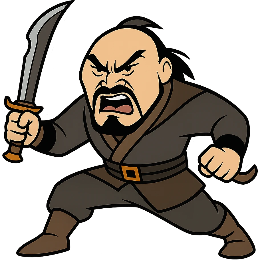 Show Shan Yu in a dynamic battle stance, full body, holding a weapon, looking seriously pissed off, transparent background, in the style of sticker (cartoonish stickers) emoji