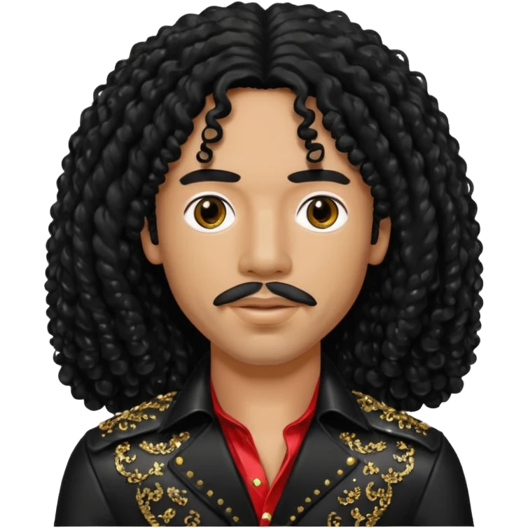 Rick James with long black curly hair and thin mustache, black sequin outfit emoji