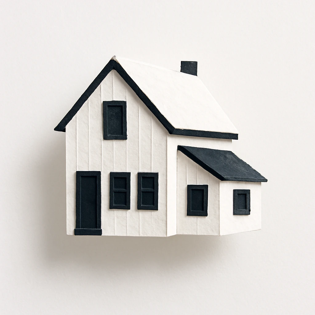 modern farmhouse dollhouse, 3d isometric, white with black trim emoji