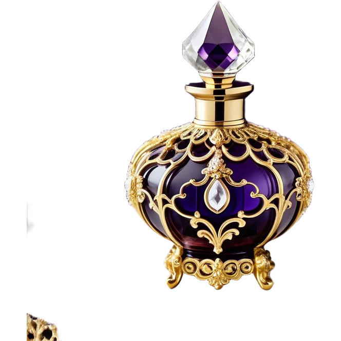 A luxurious French vintage-style perfume bottle in deep purple, with an ornate crystal stopper and intricate gold filigree detailing. The bottle has an elegantly curved shape, reminiscent of classic 18th-century perfume designs. It sits atop a delicate lace-covered vanity table, surrounded by pearls and antique silver accessories. Soft candlelight casts a warm, romantic glow, highlighting the rich texture of the glass and metallic accents emoji