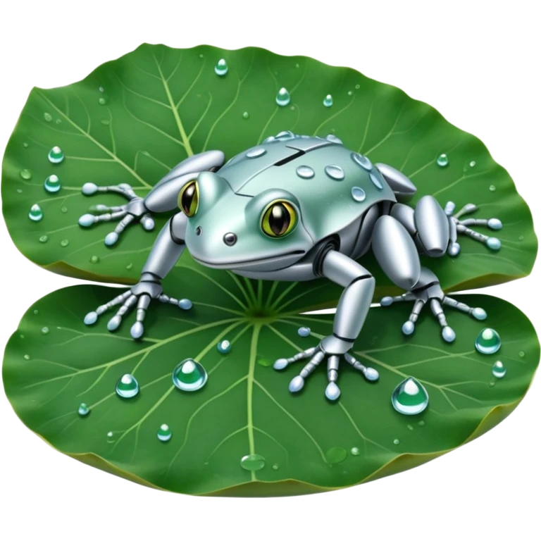 silver robot frog on lotus leaf emoji