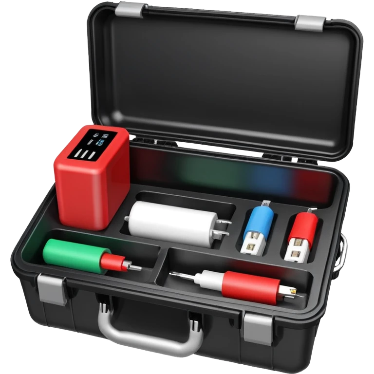 An open black hard-shell test case, inside: a power outlet, USB port, and colored test sockets. A large roll of white test labels lies next to the equipment, along with a red test probe. emoji
