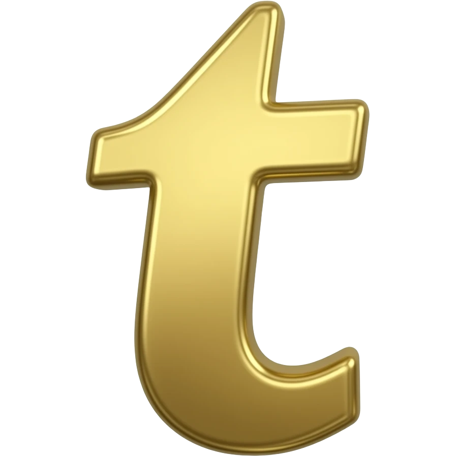 A 3D gold symbol of the Coptic letter Ti (ϯ). It looks like a lowercase 't' with a small horizontal tail or hook at the bottom right. Minimalist, no extra prongs, simple cross shape, metallic gold. emoji