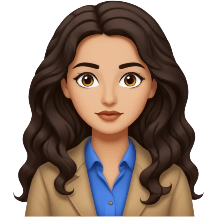 Long dark wavy hair, Defined brows & soft makeup, Turkish language educator vibe emoji