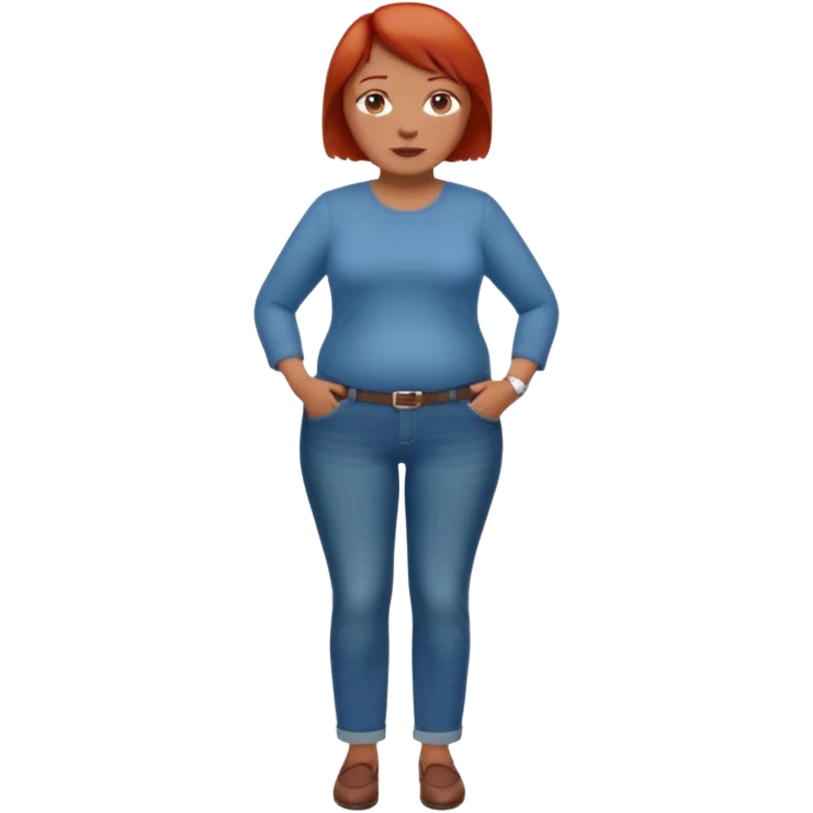Lazy old Short woman with straight short red hair and fat tummy..wears business casual jeams and full sleeve  tshirt. Not smart looking ill fitting clothes emoji