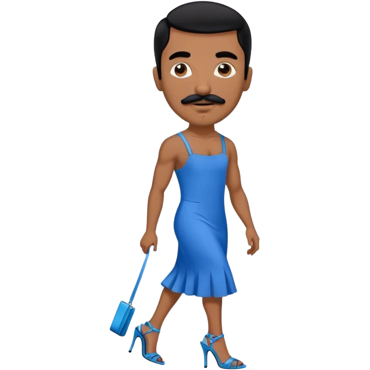 Man in a blue dress and blue strappy high heels with black hair and black mustache and brown skin emoji