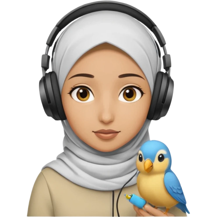 A hijabi girl with a medium skin tone wearing headphones with a small birdie on her head emoji