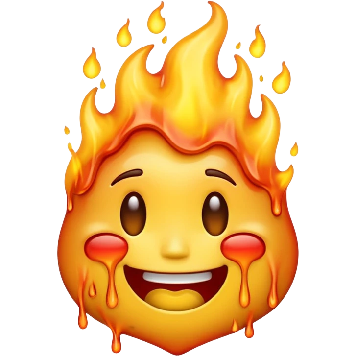 A high-resolution, surreal emoji face with a transparent background. The emoji is simultaneously grinning, crying, and melting while on fire.  emoji