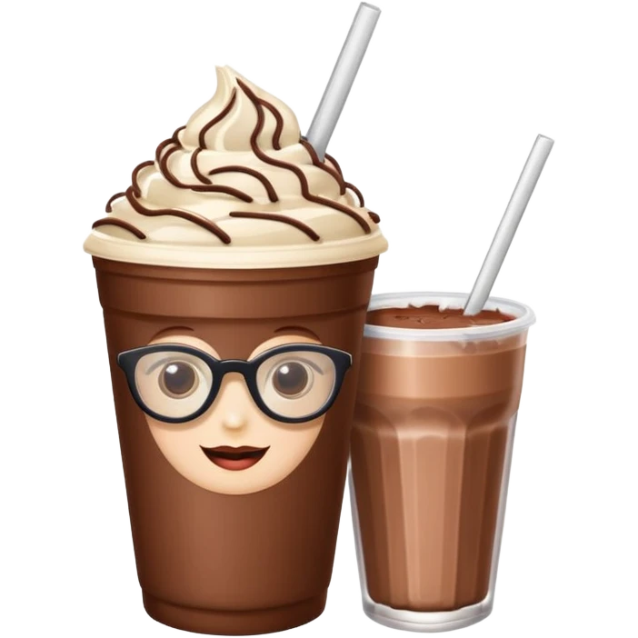 chocolate milkshake in a take-out cup with glassess and long lashes emoji