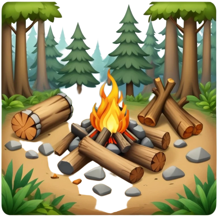 bushcraft campfire with stones, logs for sitting, in forest setting emoji