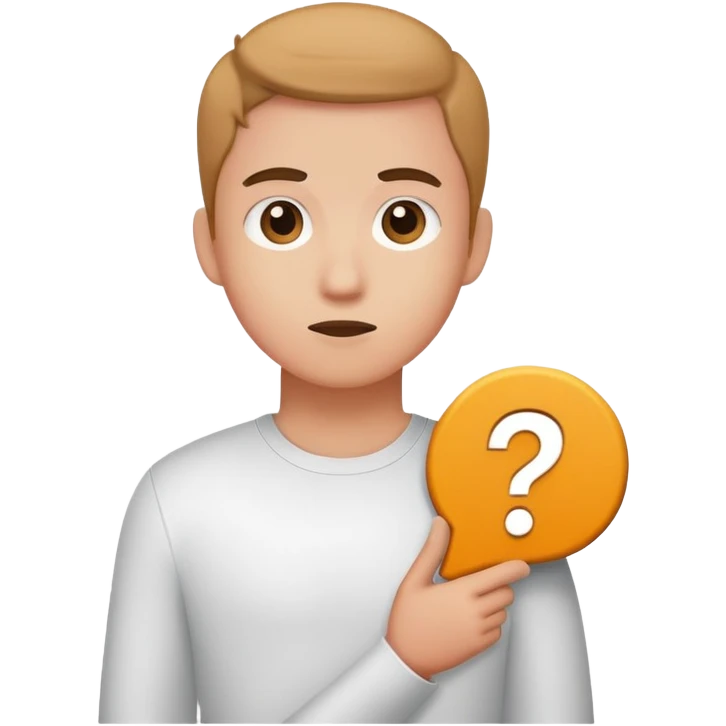 young character standing with a small help icon or question mark above their shoulder emoji