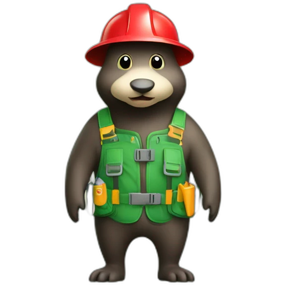 mole with red nose, green gardening harnesses, green helmet with a light emoji