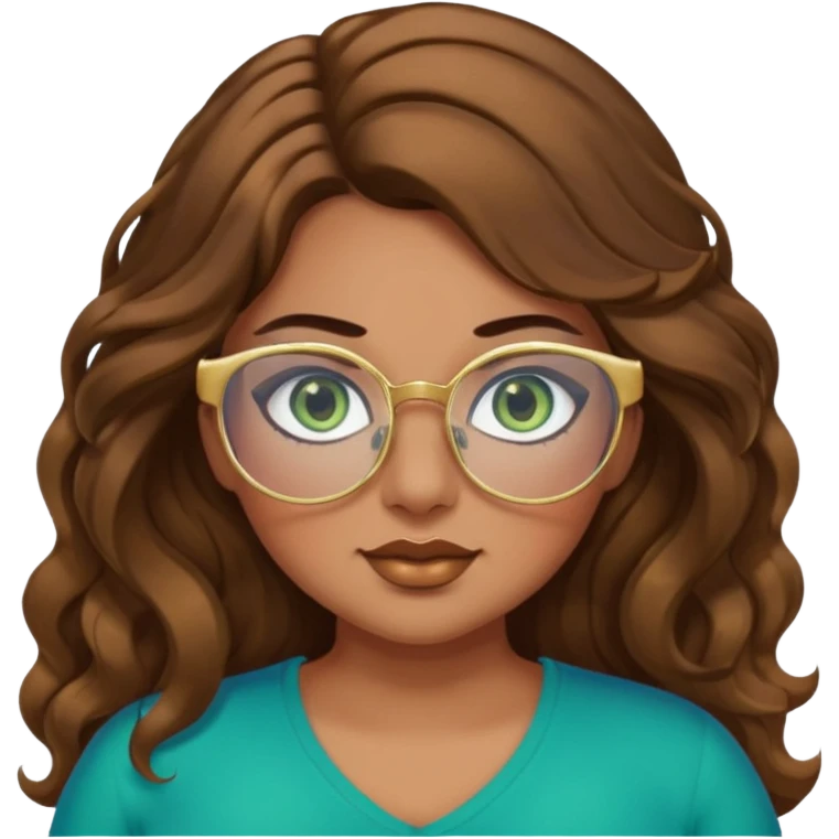 Girl girl long wavy brown hair, green/blue/gold eyes, plus size, thick eyelashes, tan skin, gold glasses emoji