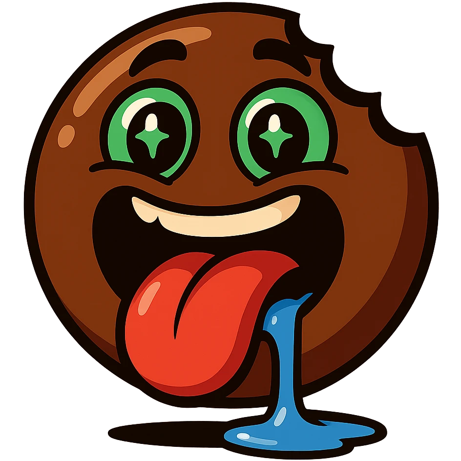 exaggerated glossy cartoon emoji, chocolate brown round face, expressive green eyes with sparkles, wide open mouth with a bite missing, red tongue out, blue drool dripping and pooling, intense food craving, bold and eye-catching, clean white background, food brand mascot style emoji