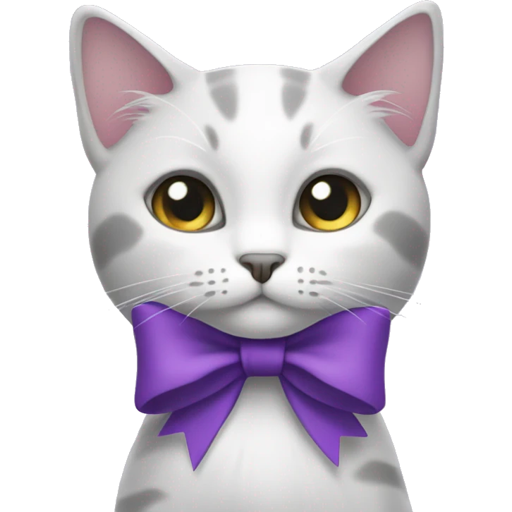 white gray mixed cat with purple bow emoji