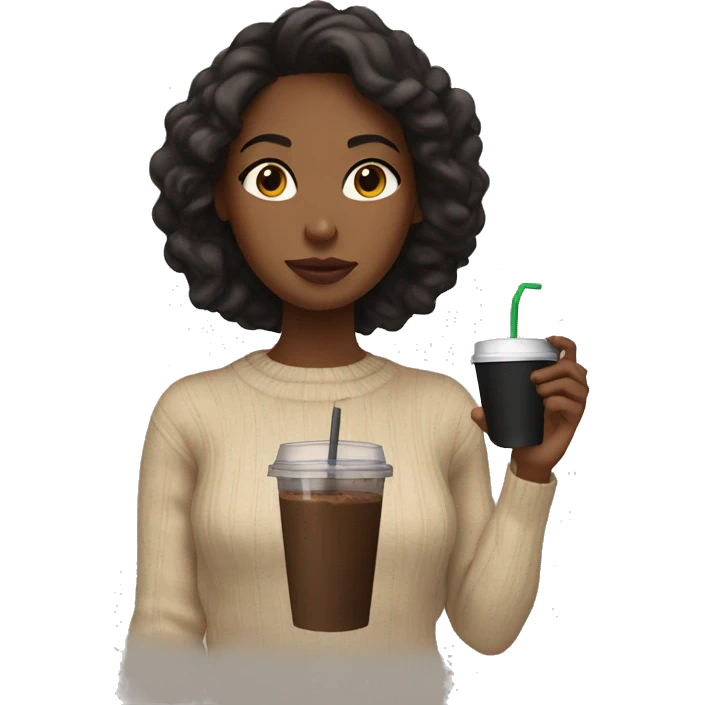 Brown skinned girl drinking black iced coffee wearing a beige sweater emoji
