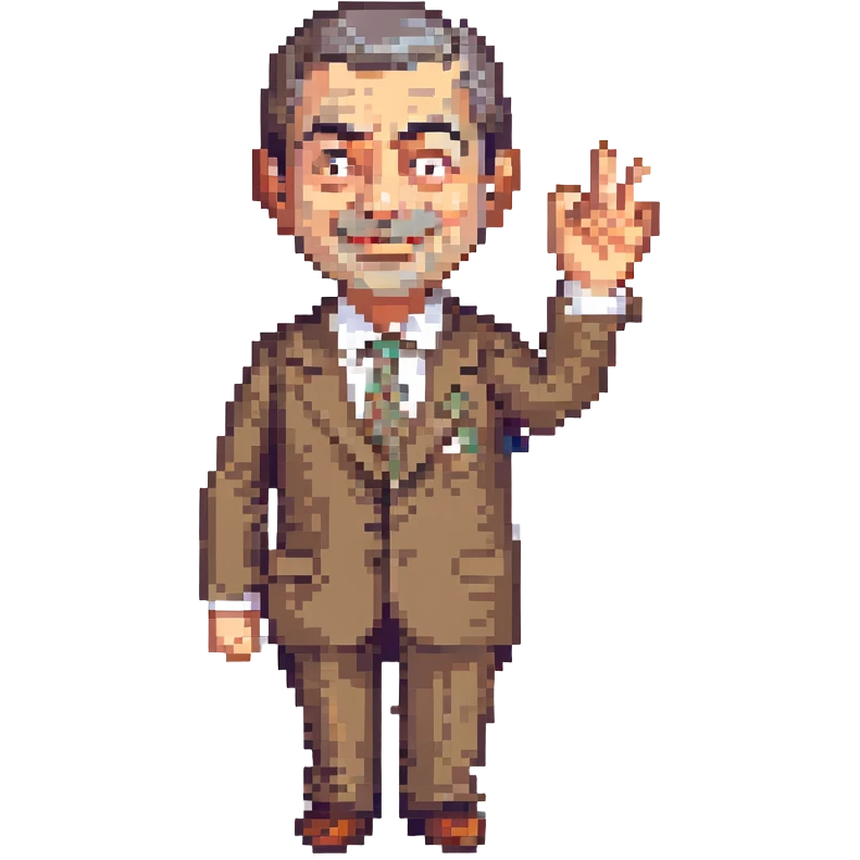 Happy Mr. Bean waving, pixel art style, no background, pixelated and retro video game look, clear and joyful expression. emoji