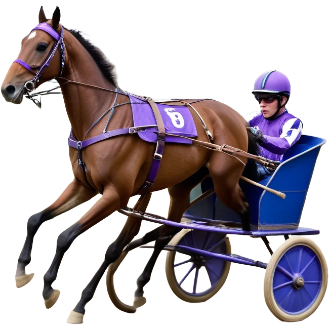 A high-speed harness racing scene featuring a powerful brown trotting horse. The sulky, a lightweight two-wheeled cart, is painted in blue and attached to the horse’s harness. A jockey, dressed in purple, is seated in the sulky, gripping the reins tightly and wearing a purple helmet with goggles. emoji