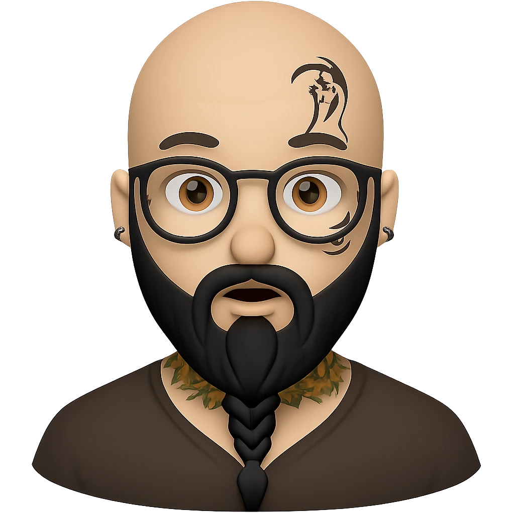Create an image of a bald man with a very long braided black beard, glasses, and face tattoos in the style of Apple emojis. The background should be removed, isolating the subject. emoji
